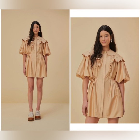 FARM Rio Dresses & Skirts - New! FARM Rio Beige Short Puff Sleeve Mini Dress 💛 Large NWOT